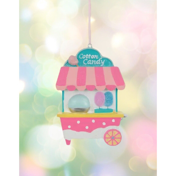 Cotton Candy Cart Christmas Tree Ornament Striped Roof Blue Pink Candy - Picture 1 of 2